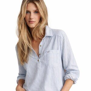 Hollister 100% lightweight cotton shirt, striped white and gray
